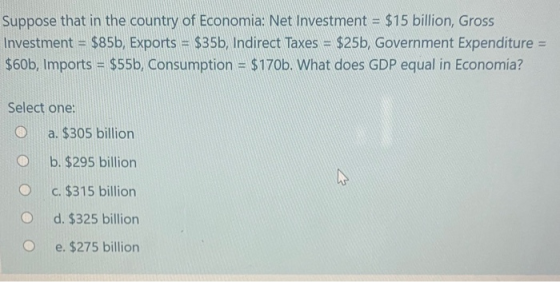 Suppose that in the country of Economia: Net Investment = $15 billion, Gross Investment = $85b, Exports = $35b, Indirect Taxe