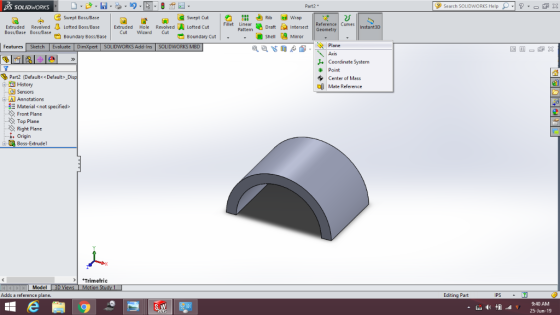 S SOLIDWORKS Search SOLIDwORKS Help 3 Part2 Rib Linear Draft Intersect Swept Boss/Base Swept Cut cdWrap Fillet Reference Curv
