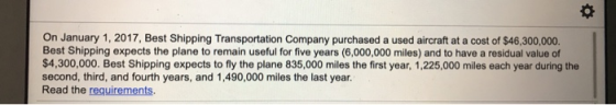 On January 1, 2017, Best Shipping Transportation Company purchased a used aircraft at a cost of $46,300,000. Best Shipping ex