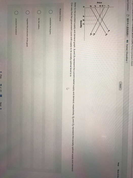 tml SCC Help Save & Ex Quantity Refer to the provided supply and demand graph S and Dy represent the curent market supply and demand, res One way thet the government could shift supply to its socially optimal level is to pectively. S2 and D2 represent the socialy optimal supply and demand < Prey 1f 20 Next>