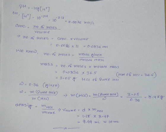 KL PH 109 [4] ON [1] - 10 PH = 10 18212 + 0.0076 mol/L Cooc, .mo moles volume No. of moles & conc. & volume = 0.0076 x 11 = 0