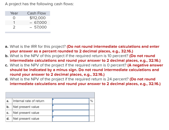 A project has the following cash flows: Year Cash Flow $112,000 - 67,000 - 57,000 N- a. What is the IRR for this project? (Do