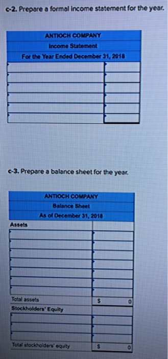 c-2. Prepare a formal income statement for the year ANTIOCH COMPANY Income Statement For the Year Ended December 31, 2018 e-3. Prepare a balance sheet for the year ANTIOCH COMPANY Balance Sheet As of December 31, 2018 Assets Total assets Stockholders Equity Total stockholders equity