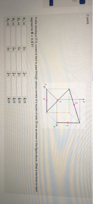 (1 point) A wire carrying a 13 A current is bent to pass through various corners of a square of side 30 cm as shown in the fi