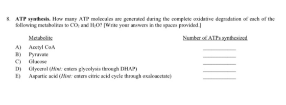 8. ATP synthesis. How many ATP molecules are generated during the complete oxidative degradation of each of the following met