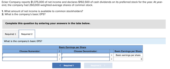 Ecker Company reports $1,375,000 of net income and declares $192,500 of cash dividends on its preferred stock for the year. A