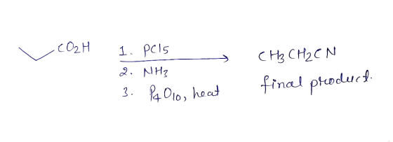 - CO2H 1. PC15 — 2. NH₂ 3. Pq Olo, heat CHCH2CN final product