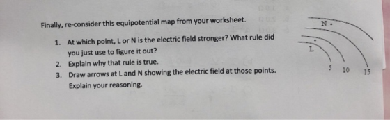 Finally, re-consider this equipotential map from your worksheet. 1. At which point, Lor N is the electric field stronger? Wha