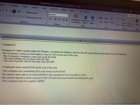 Simple-Balance Sheet no answers-Template - Excel ayout Formulas Data Add-ins EE Help - Team Review View Wrap Text Merge & Cen