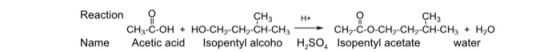 CH3 Reaction CH3 H+ CH3-C-OH HO-CH2-CH2-CH-CHCHz-C-O-CH2-CH2-CH-CHaH20 Name Acetic acid Isopentyl alcoho H2SO Isopentyl acetatewater