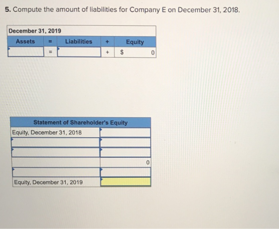 5. Compute the amount of liabilities for Company E on December 31, 2018. December 31, 2019 Assets = Liabilities + + Equity $