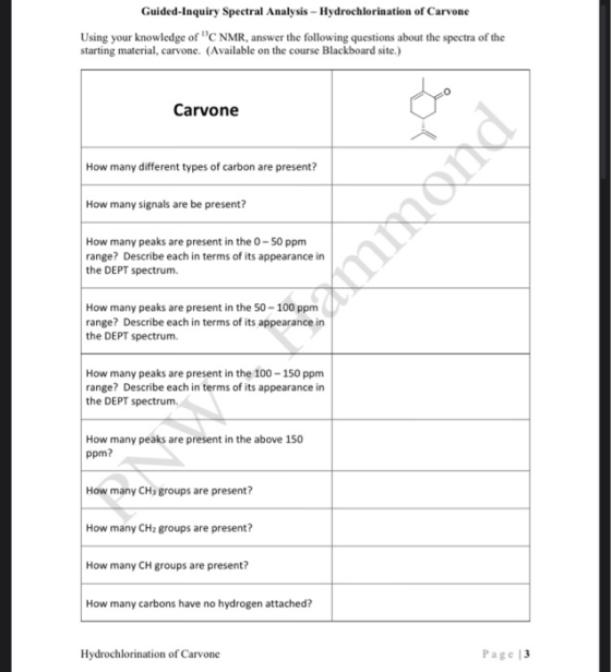 Guided-Inquiry Spectral Analysis - Hydrochlorination of Carvone Using your knowledge of C NMR, answer the following question