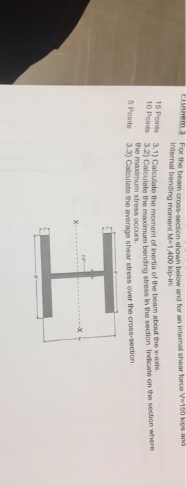 For the beam cross-section shown below and for an internal shear force Va150 kips and internal bending moment M 1,400 kip-in: opiem 3 3.1) Calculate the moment of inertia of the beam about the x-axis. 3.2) Calculate the maximum bending st 10 Points ress in the section. Indicate on the section where the maximum stress occurs. Points 3.3) Calculate the average shear stress over the cross-section