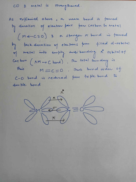 co & metal is strengthened. As of explanied above weak bond is formed donation electron pair from Carbon to metal (Mcc=o) a T