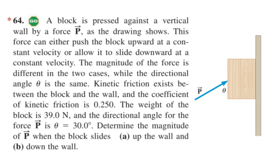 * 64. A block is pressed against a vertical GO wall by a force P, as the drawing shows. This force can either push the block upward at a con- stant velocity or allow it to slide downward at a constant velocity. The magnitude of the force is different in the two cases, while the directional angle θ is the same. Kinetic friction exists be- tween the block and the wall, and the coefficient of kinetic friction is 0.250. The weight of the block is 39.0 N, and the directional angle for the force P is θ 30.0°. of P when the block slides (a) up the wall and (b) down the wall. Determine the magnitude