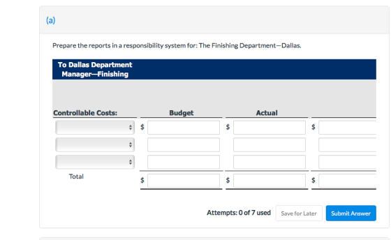 Prepare the reports in a responsibility system for: The Finishing Department-Dallas. To Dallas Department Manager-Finishing C