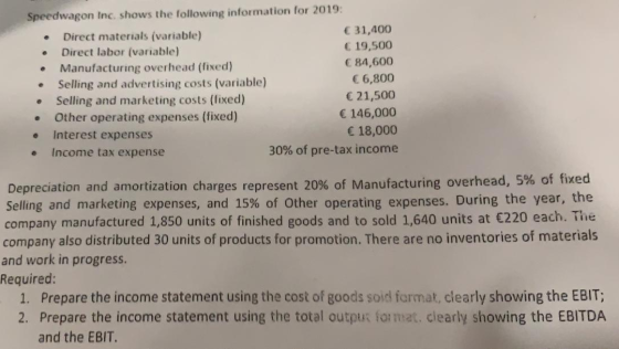 Speedwagon Inc. shows the following information for 2019: Direct materials (variable) € 31,400 Direct labor (variable) C 19,5