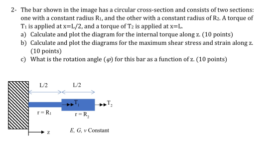 2- The bar shown in the image has a circular cross-section and consists of two sections: one with a constant radius R1, and t
