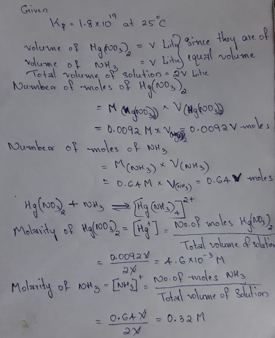 Griven Kp = 1.8 x 100 at 25°c volume of Mg (003) = v Lite since they are of volume of NH3 solution av litre V Litre equal vol