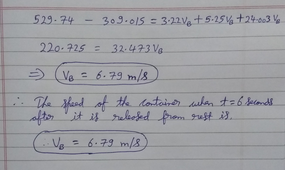 529.74 - 309.015 = 3.22 Vot 5.25 V₂ + 24.003 VB 220.725 = 32.473 VB - (VB = 6.79 m/s) The after speed of it is the container