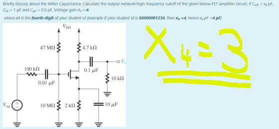 Briefly discuss about the Miller Capacitance. Calculate the output network high-frequency cutoff of the given below FET ampli