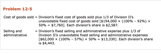 Problem 12-5 Cost of goods sold = Divisions fixed cost of goods sold plus 1/3 of Division IIs unavoidable fixed cost of goo