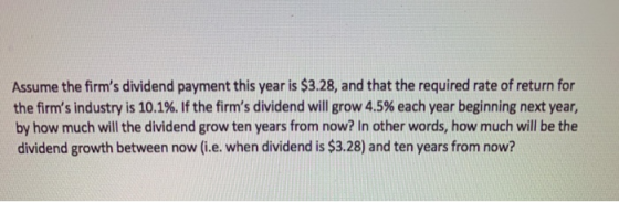 Assume the firms dividend payment this year is $3.28, and that the required rate of return for the firms industry is 10.1%.