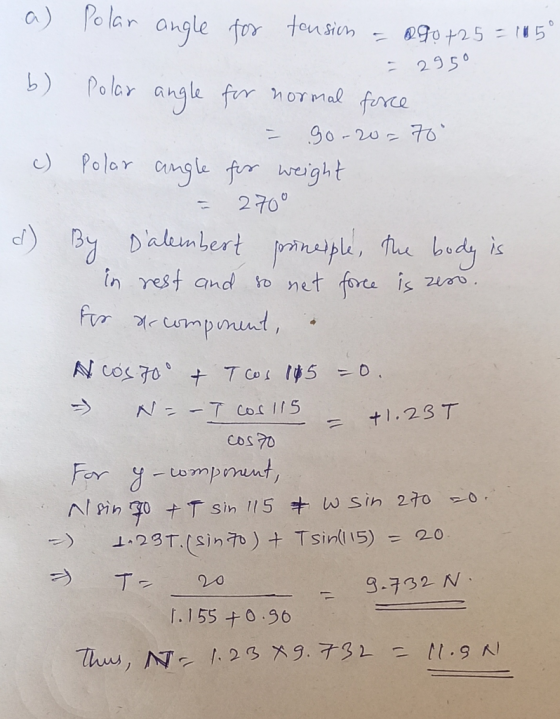 a) Polar angle for tension - 090+25 = 1150 = 2950 b) Polar angle for normal force = 90-20= 70 c) polar angle for weight = 27
