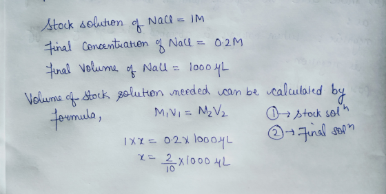stock solution of Nall = IM final concentration of Nall = 0.2M final volume of Wall = 1000 yL Volume of stock solution needed