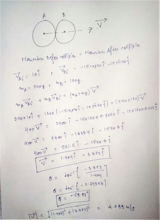 Momentum Befor collision a Momentum After collision JAG = lo î . Voi = -15 80840 ? - 15 sin non MA= 240g , mp= 160g MATAP + M
