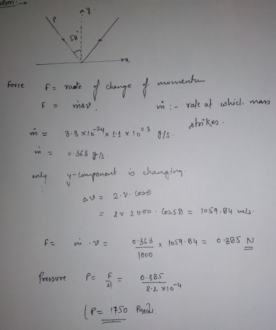 ym : ) force of momenton f= = rade of more! in :- rate at which mass strikes. 3.3x1024 x 14 x 1023 g/s. in = in = 0.363 gls.