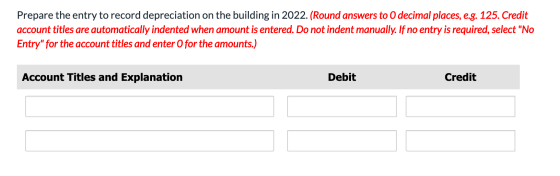 Prepare the entry to record depreciation on the building in 2022. (Round answers to 0 decimal places, e.g. 125. Credit accoun