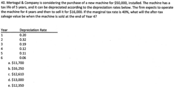 40. Mertogul & Company is considering the purchase of a new machine for $50,000, installed. The machine has a tax life of 5 y