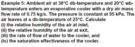 Example 5: Ambient air at 38°C db-temperature and 20°C wb- temperature enters an evaporative cooler with a dry air mass flow