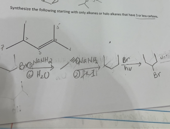 Synthesize the following starting with only alkanes or halo alkanes that have 3 or less carbons. BONANHA MONG er der
