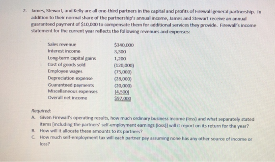 2. James, Stewart, and Kelly are all one-third partners in the capital and profits of Firewall general partnership. In additi