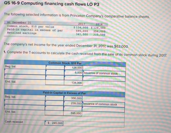 QS 16-9 Computing financing cash flows LO P3 The following selected information is from Princeton Companys comparative balan
