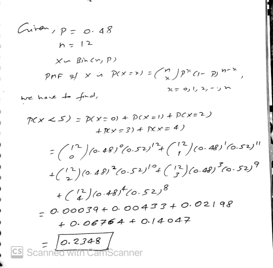 Ciren, p= 0.48 n=12 xu Binch, po PMF of X i PCX = x) =( PCI- Phase 2= 0, 1, 2,-sh we have to find, : PCX 2 ) - PC x= 0) + P(x