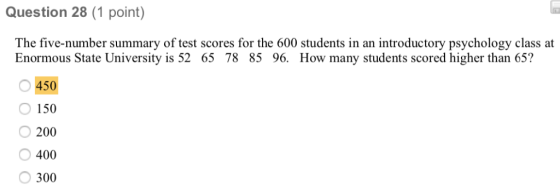 Question 28 (1 point) The five-number summary of test scores for the 600 students in an introductory psychology class at Enor
