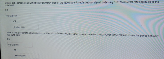 What is the appropriate adjusting entry on March 31st for the $3000 Note Payable that was signed on January 1st? The interest