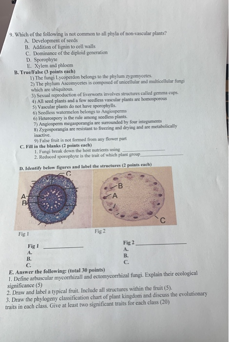 9. Which of the following is not common to all pbyla of non-vascular plants? A. Development of seeds B. Addition of lignin to