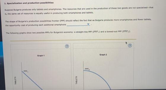 1. Specialization and production possibilities Suppose Bulgaria produces only tablets and smartphones. The resources that are