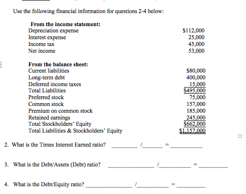 Use the following financial information for questions 2-4 below: From the income statement: Depreciation expense Interest expense Income tax Net income $112,000 25,000 45,000 53,000 From the balance sheet: Current liabilities Long-term debt Deferred income taxes Total Liabilities Preferred stock Common stock Premium on common stock Retained earnings Total Stockholders Equity Total Liabilities &Stockholders Equity $80,000 400,000 15,000 495,000 75,000 157,000 185,000 245,000 2. What is the Times Interest Earned ratio? 3. What is the Debt/Assets (Debt) ratio? 4. What is the Debt/Equity ratio?