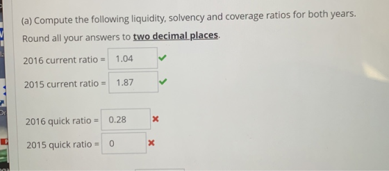 (a) Compute the following liquidity, solvency and coverage ratios for both years. Round all your answers to two decimal place