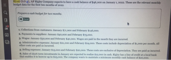 E7.17 (LO 4), AP Rigley Company expects to have a cash balance of $46,000 on January 1, 2022. These are the relevant monthly