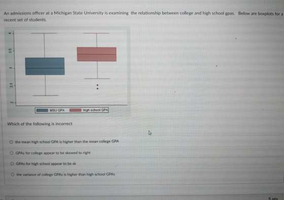 An admissions officer at a Michigan State University is examining the relationship between college and high school gpas. recent set of students. Below are boxplots for a MSU GPA high school GPA Which of the following is incorrect O the mean high school GPA is higher than the mean college GPA O GPAs for college appear to be skewed to right O GPAs for high school appear to be sk 0 the variance of college GPAs is higher than high school GPAs