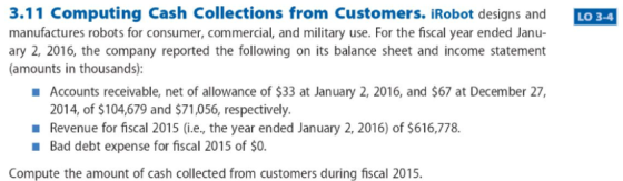LO 3-4 3.11 Computing Cash Collections from Customers. iRobot designs and manufactures robots for consumer, commercial, and m