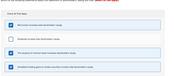 Which of the following statements about the statertient of stockholders equity are true? (Select all that apply.) Check All T