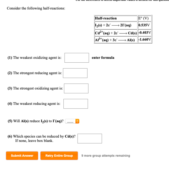 Consider the following half-reactions: Half-reaction E° (V) 12(s) + 2e - →21(aq) 0.535V Ca2+ (aq) + 2e → Cd(s) -0.403V All(aq