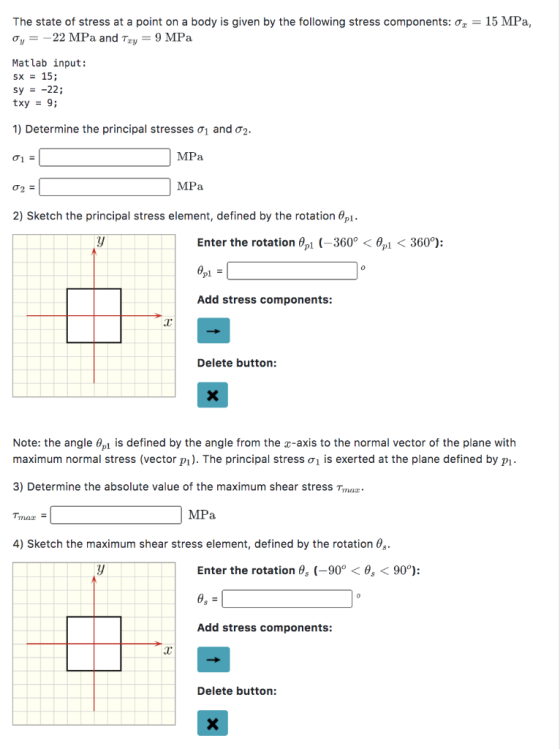 The state of stress at a point on a body is given by the following stress components: 0 = 15 MPa, Oy = -22 MPa and Try = 9 MP